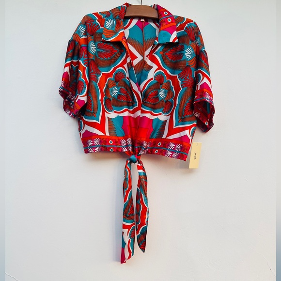 NWT Peach V-Neck Tie Top Retro floral art deco print - Picture 1 of 11